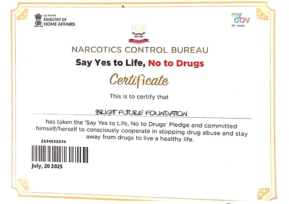 মাদকবিরোধী অঙ্গীকারে Bright Future Foundation-এর Certificate